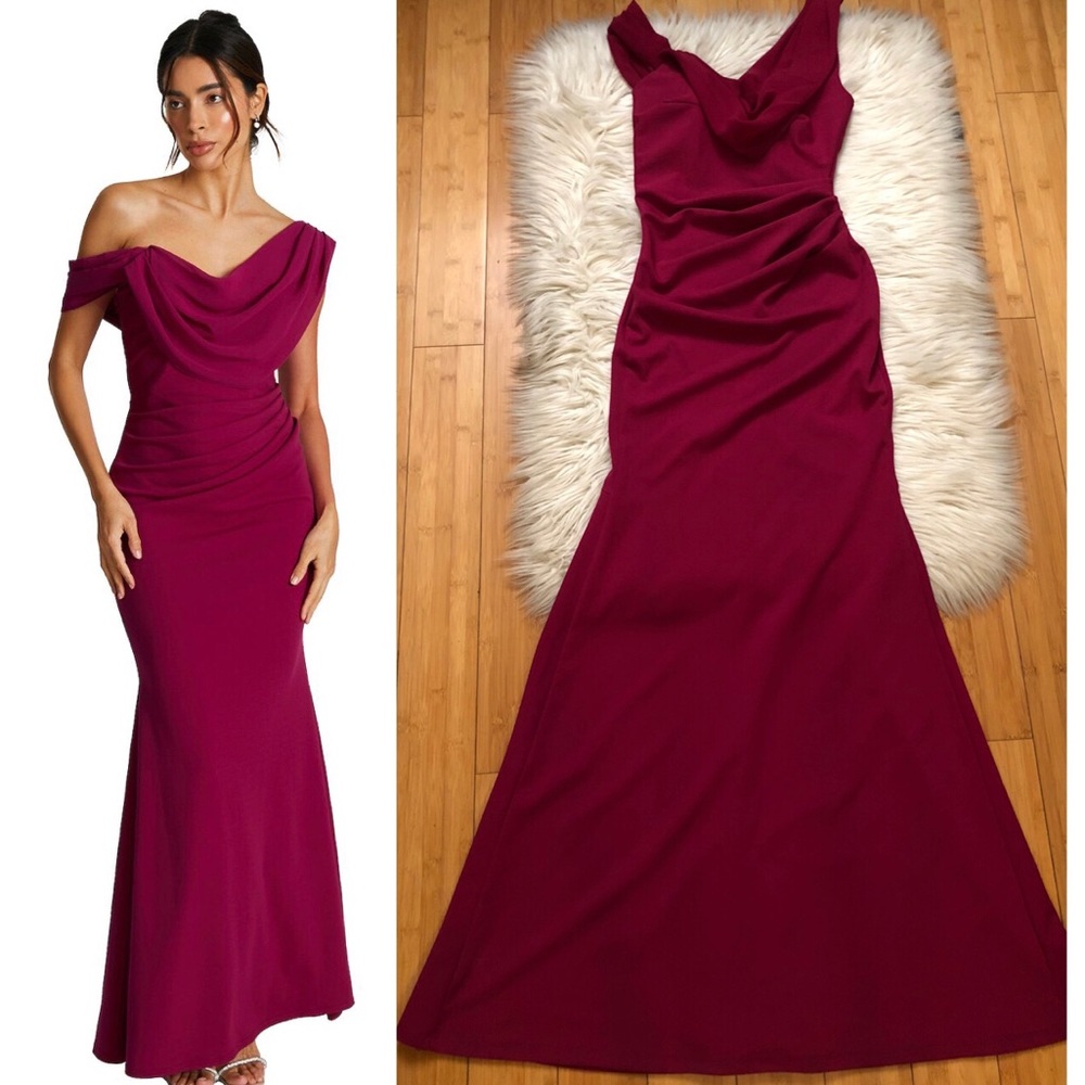 Quiz Scuba Crepe Asymmetric Ruched Cowl Neck Burgundy Evening Maxi Dress 6 NWT